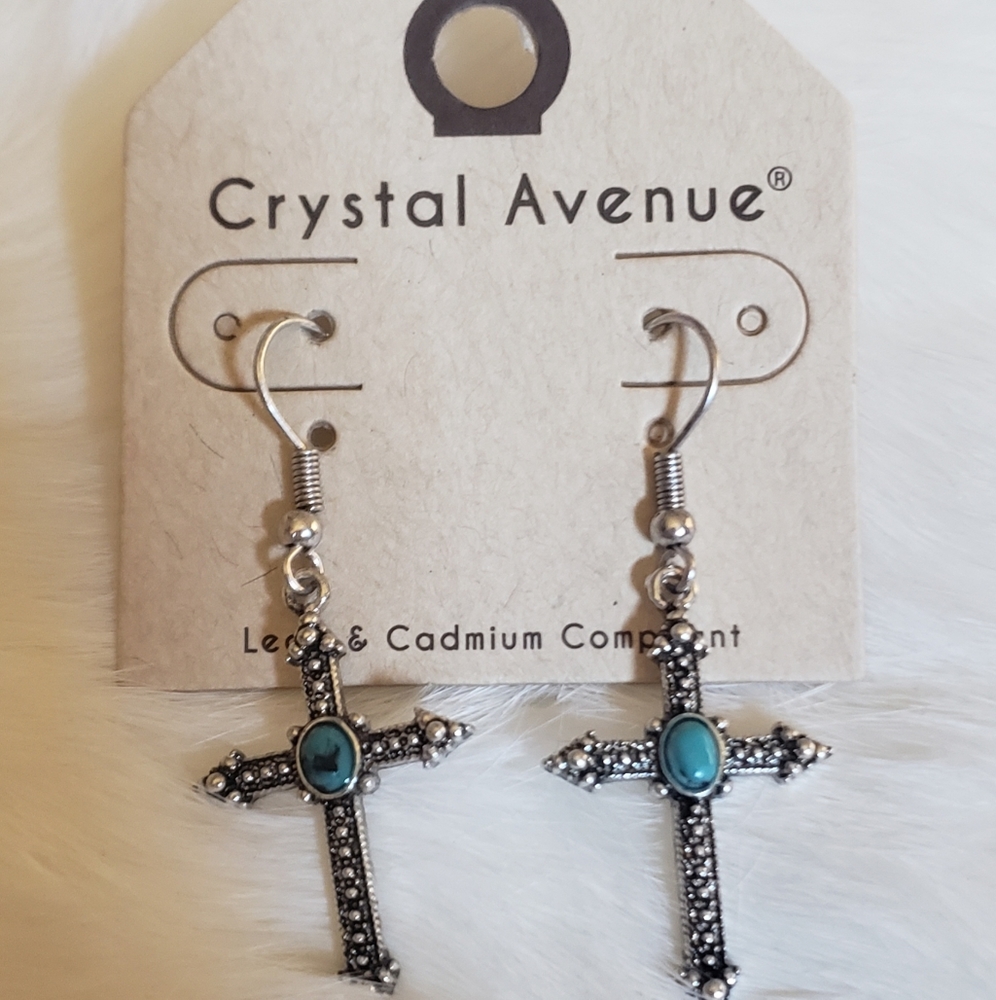 Maddock Turquoise Silvertone Cross Earrings